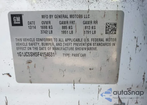 2015 Chevrolet Sonic Lt Auto из США, поврежденный, VIN 1G1JC5SH5F4154631